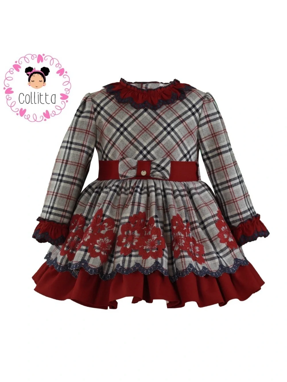Collita Red Plaid Floral Trim Girls' Dress